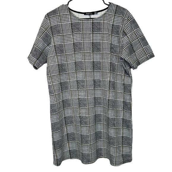 Boohoo Black & White Striped‎ Plaid Houndstooth Short Sleeve Tunic Top Size 12 - Picture 1 of 9